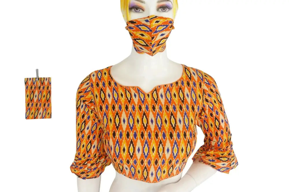 Cotton Printed Designer Readymade Blouse with Matching Mask - D3blouses