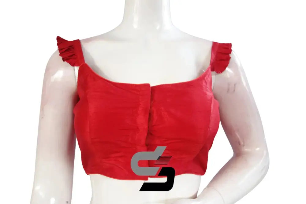 Crimson Charm, Red Plain Silk Spaghetti Frill Sleeves Readymade Saree Blouse - D3blouses