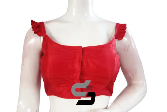 Crimson Charm, Red Plain Silk Spaghetti Frill Sleeves Readymade Saree Blouse - D3blouses