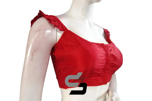 Crimson Charm, Red Plain Silk Spaghetti Frill Sleeves Readymade Saree Blouse - D3blouses