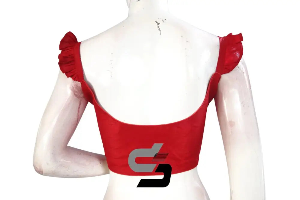 Crimson Charm, Red Plain Silk Spaghetti Frill Sleeves Readymade Saree Blouse - D3blouses