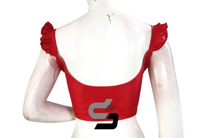Crimson Charm, Red Plain Silk Spaghetti Frill Sleeves Readymade Saree Blouse - D3blouses