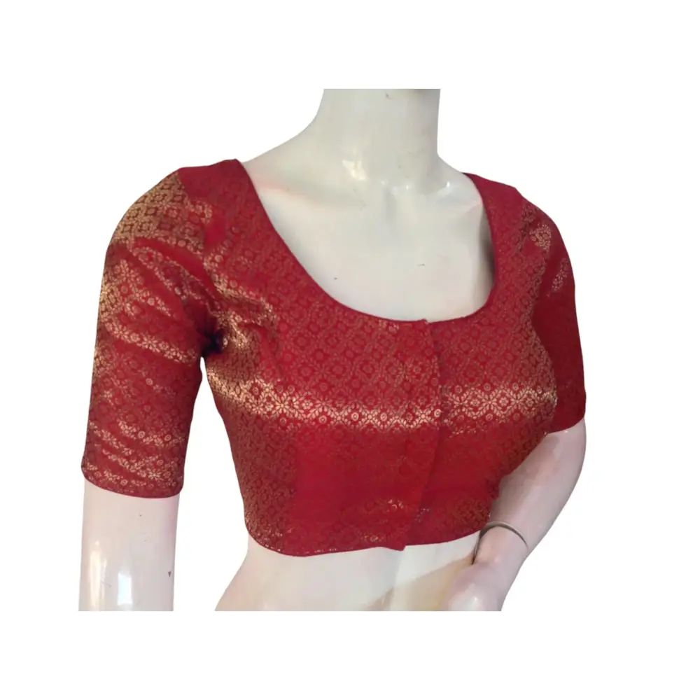 Crimson Elegance: Brocade Silk Readymade Saree Blouse - D3blouses