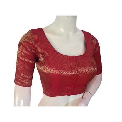 Crimson Elegance: Brocade Silk Readymade Saree Blouse - D3blouses