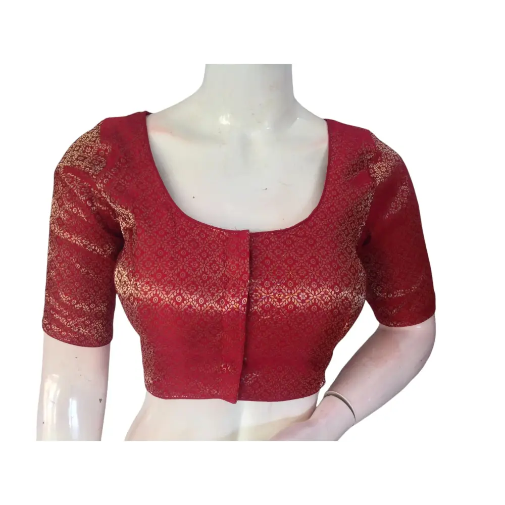 Crimson Elegance: Brocade Silk Readymade Saree Blouse - D3blouses