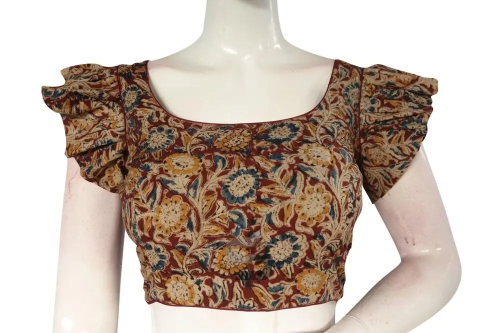 Crimson Elegance, Maroon Kalamkari Cotton Blouse with Designer Ruffle Sleeves - D3blouses