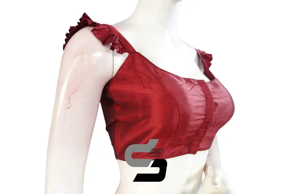 Crimson Elegance, Maroon Plain Silk Spaghetti Frill Sleeves Readymade Saree Blouse - D3blouses