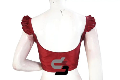 Crimson Elegance, Maroon Plain Silk Spaghetti Frill Sleeves Readymade Saree Blouse - D3blouses
