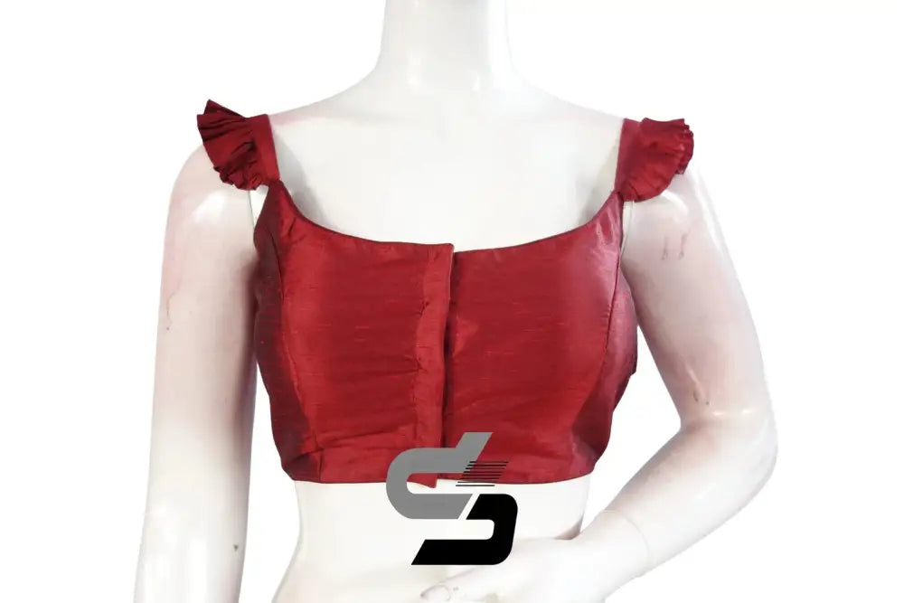 Crimson Elegance, Maroon Plain Silk Spaghetti Frill Sleeves Readymade Saree Blouse - D3blouses