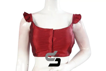 Crimson Elegance, Maroon Plain Silk Spaghetti Frill Sleeves Readymade Saree Blouse - D3blouses