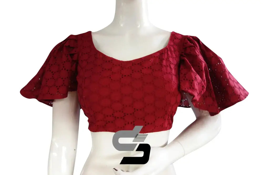 Crimson Spice, Hakoba Cotton Designer Blouse With Ruffle Sleeves - D3blouses