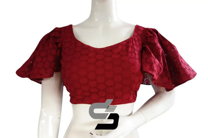 Crimson Spice, Hakoba Cotton Designer Blouse With Ruffle Sleeves - D3blouses