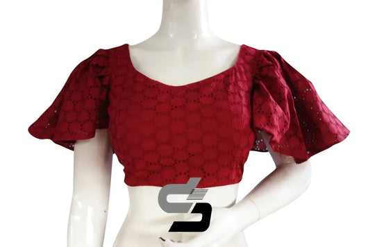 Crimson Spice, Hakoba Cotton Designer Blouse With Ruffle Sleeves - D3blouses