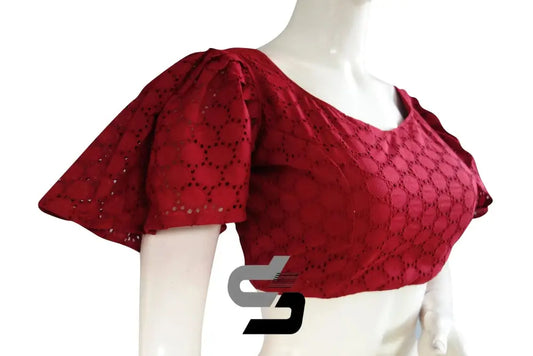 Crimson Spice, Hakoba Cotton Designer Blouse With Ruffle Sleeves - D3blouses