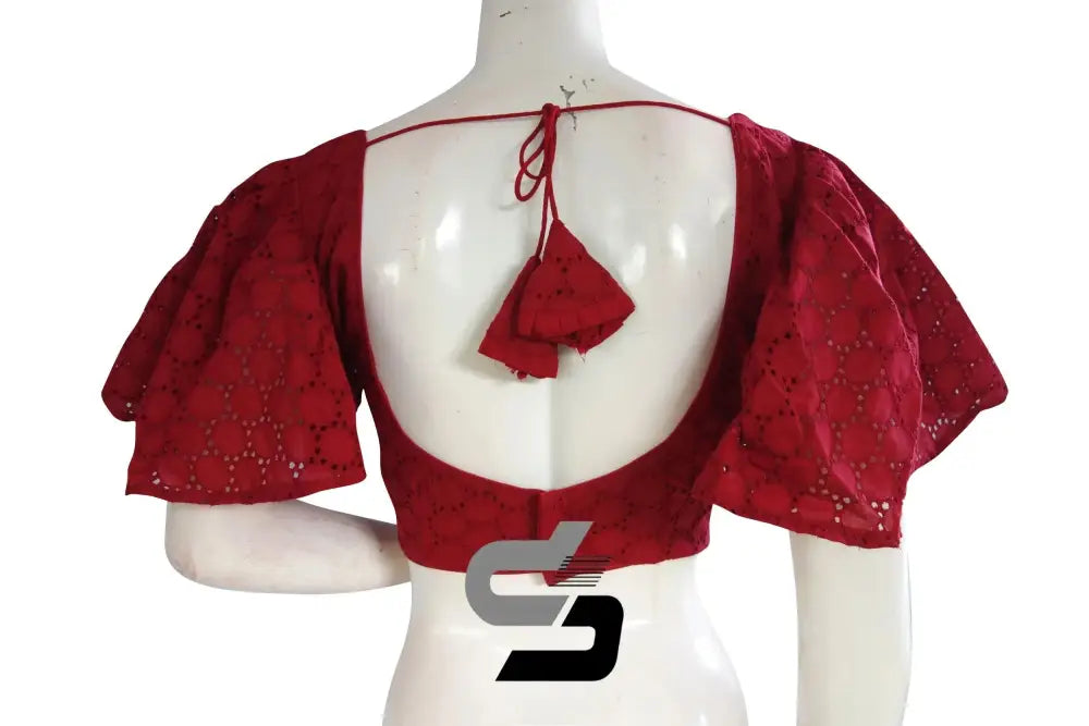 Crimson Spice, Hakoba Cotton Designer Blouse With Ruffle Sleeves - D3blouses