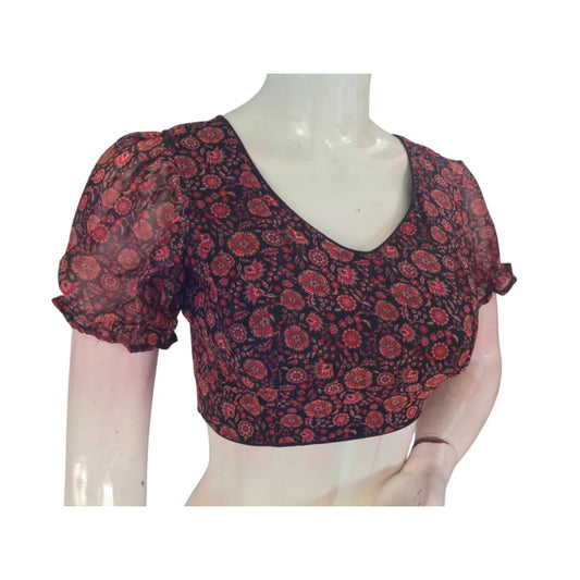 Dark and Dramatic: Black Organza Puff Sleeve Readymade Blouse - D3blouses