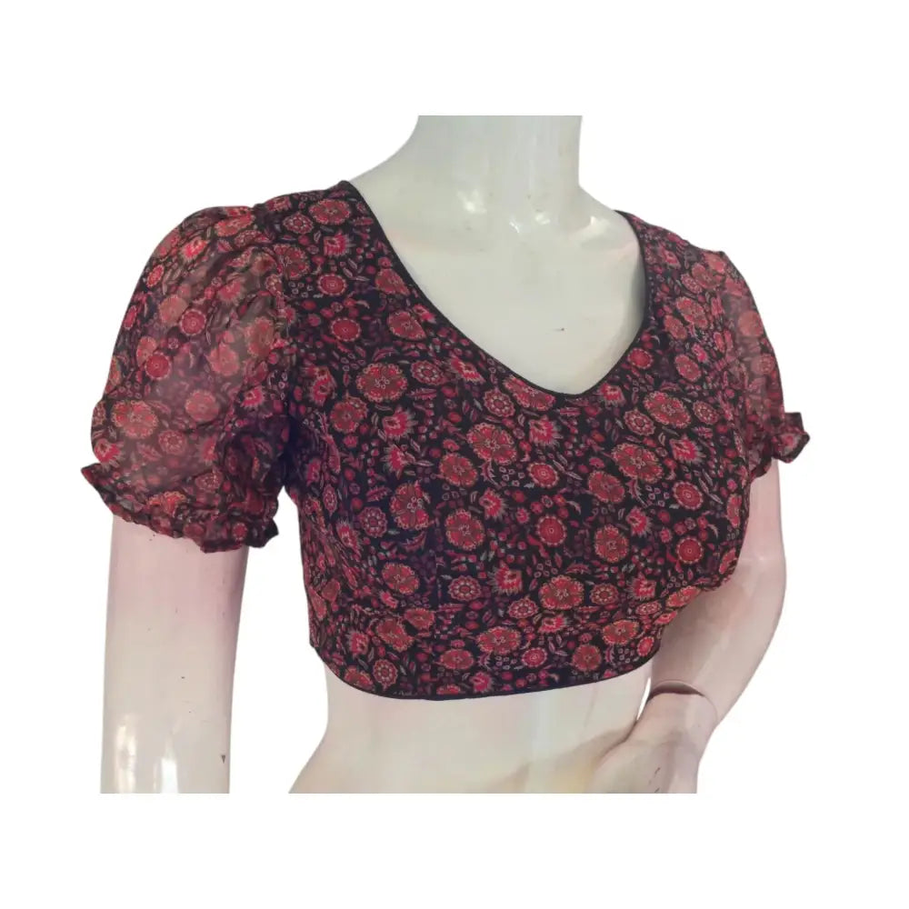 Dark and Dramatic: Black Organza Puff Sleeve Readymade Blouse - D3blouses