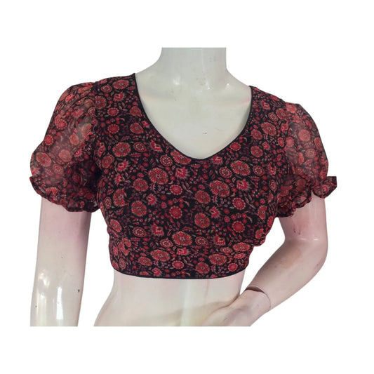 Dark and Dramatic: Black Organza Puff Sleeve Readymade Blouse - D3blouses