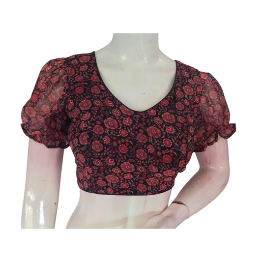 Dark and Dramatic: Black Organza Puff Sleeve Readymade Blouse - D3blouses