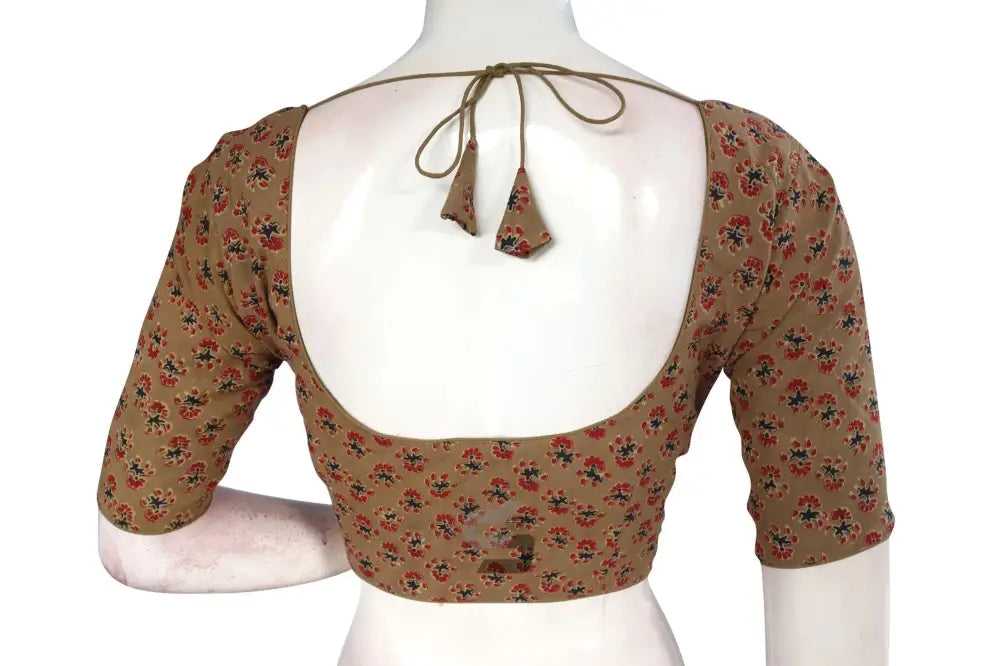 Dark Beige color Ajrakh Cotton Readymade Saree Blouse, Summer Collection Online - D3blouses