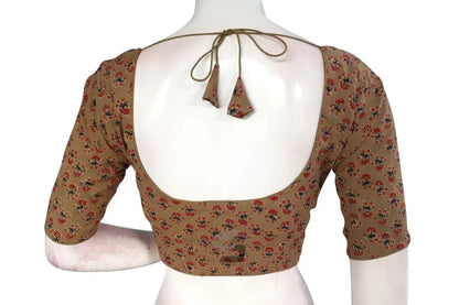 Dark Beige color Ajrakh Cotton Readymade Saree Blouse, Summer Collection Online - D3blouses