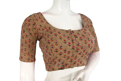 Dark Beige color Ajrakh Cotton Readymade Saree Blouse, Summer Collection Online - D3blouses