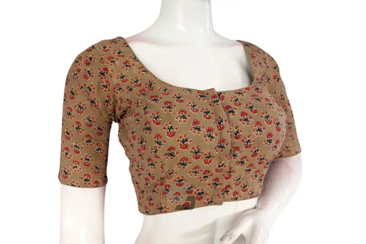 Dark Beige color Ajrakh Cotton Readymade Saree Blouse, Summer Collection Online - D3blouses