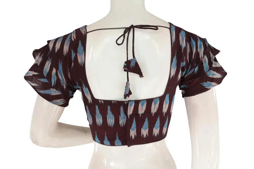Dark Brown Ikkat Readymade Saree Blouse with Ruffle Sleeve, Modern Ethnic Elegance - D3blouses