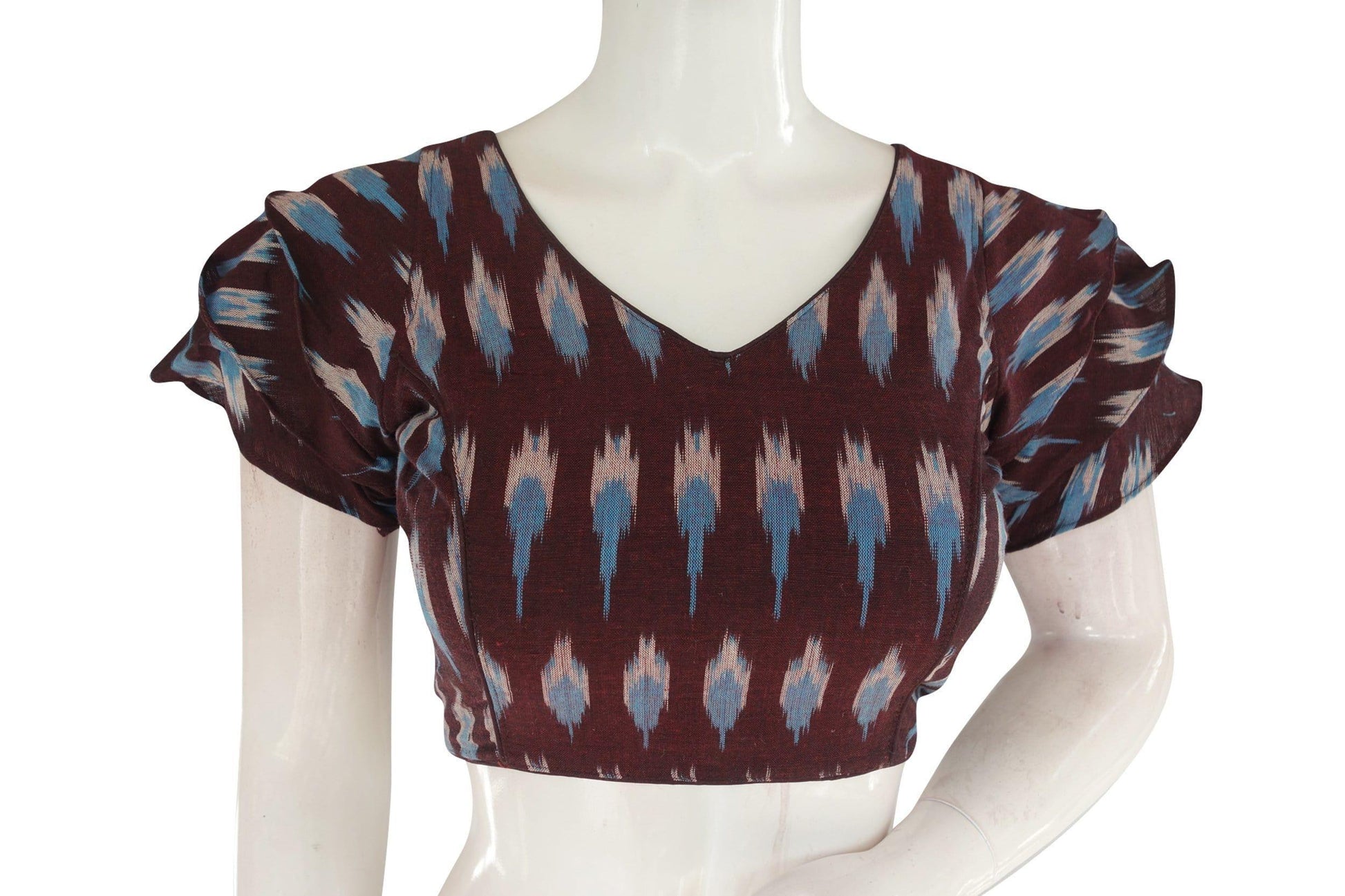 Dark Brown Ikkat Readymade Saree Blouse with Ruffle Sleeve, Modern Ethnic Elegance - D3blouses