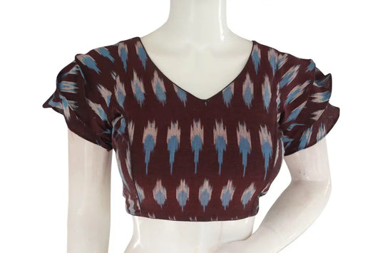 Dark Brown Ikkat Readymade Saree Blouse with Ruffle Sleeve, Modern Ethnic Elegance - D3blouses