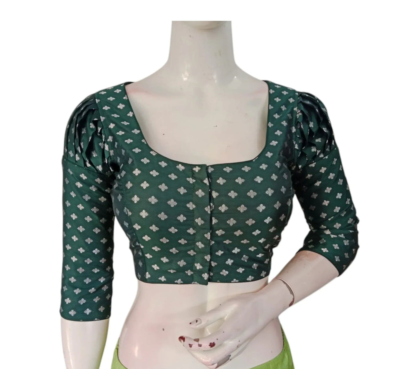 Dark Green Color 3/4th Puff Sleeves Brocade Silk Readymade Saree Blouse - D3blouses