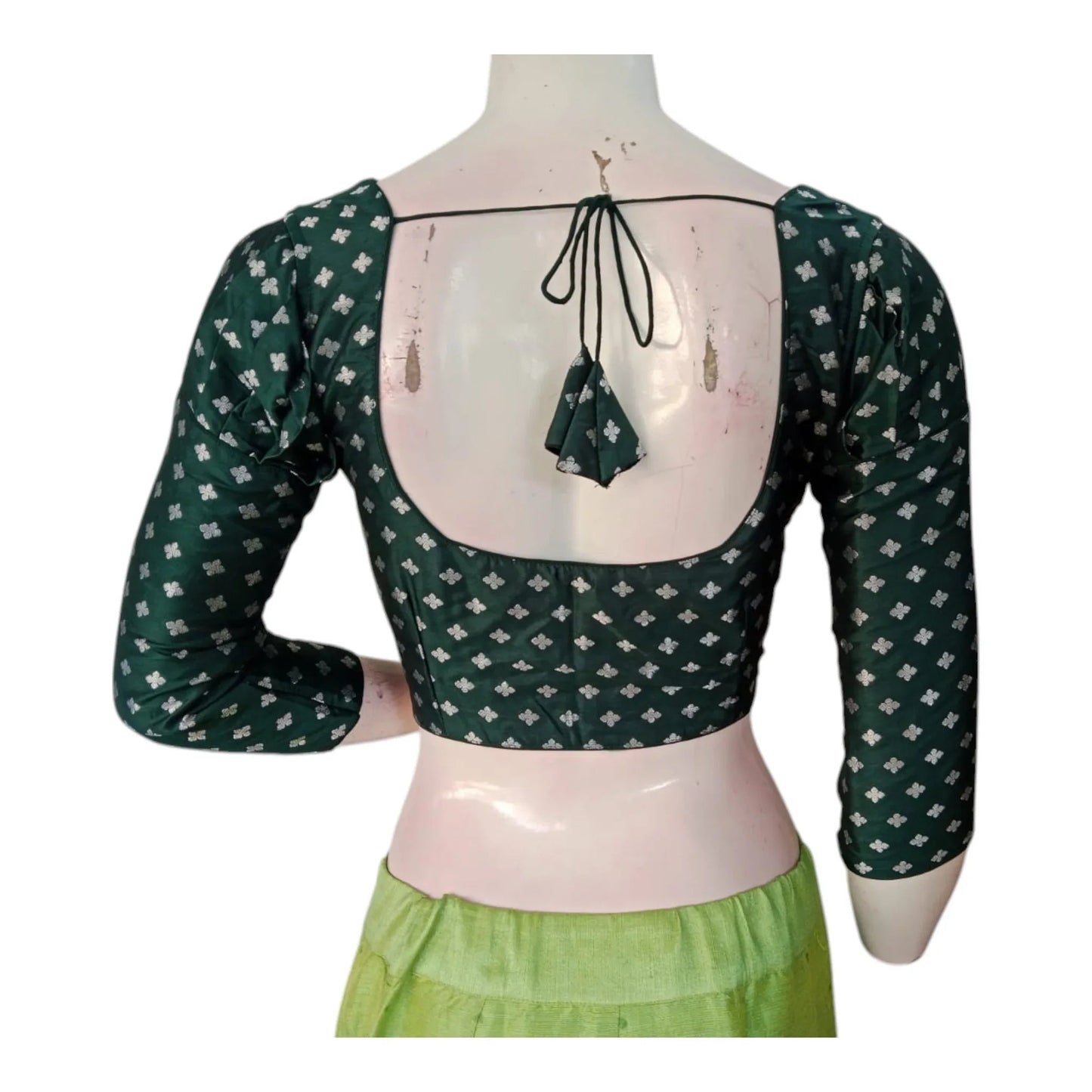 Dark Green Color 3/4th Puff Sleeves Brocade Silk Readymade Saree Blouse - D3blouses