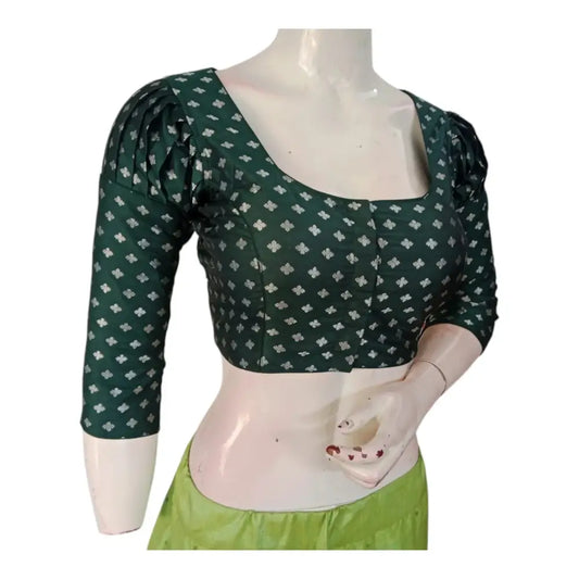 Dark Green Color 3/4th Puff Sleeves Brocade Silk Readymade Saree Blouse - D3blouses