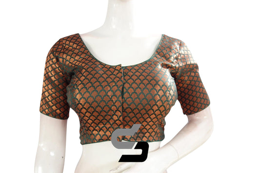 Dark Green Color Premium Brocade Silk Readymade Saree Blouse - D3blouses