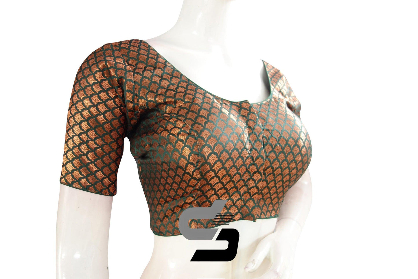 Dark Green Color Premium Brocade Silk Readymade Saree Blouse - D3blouses