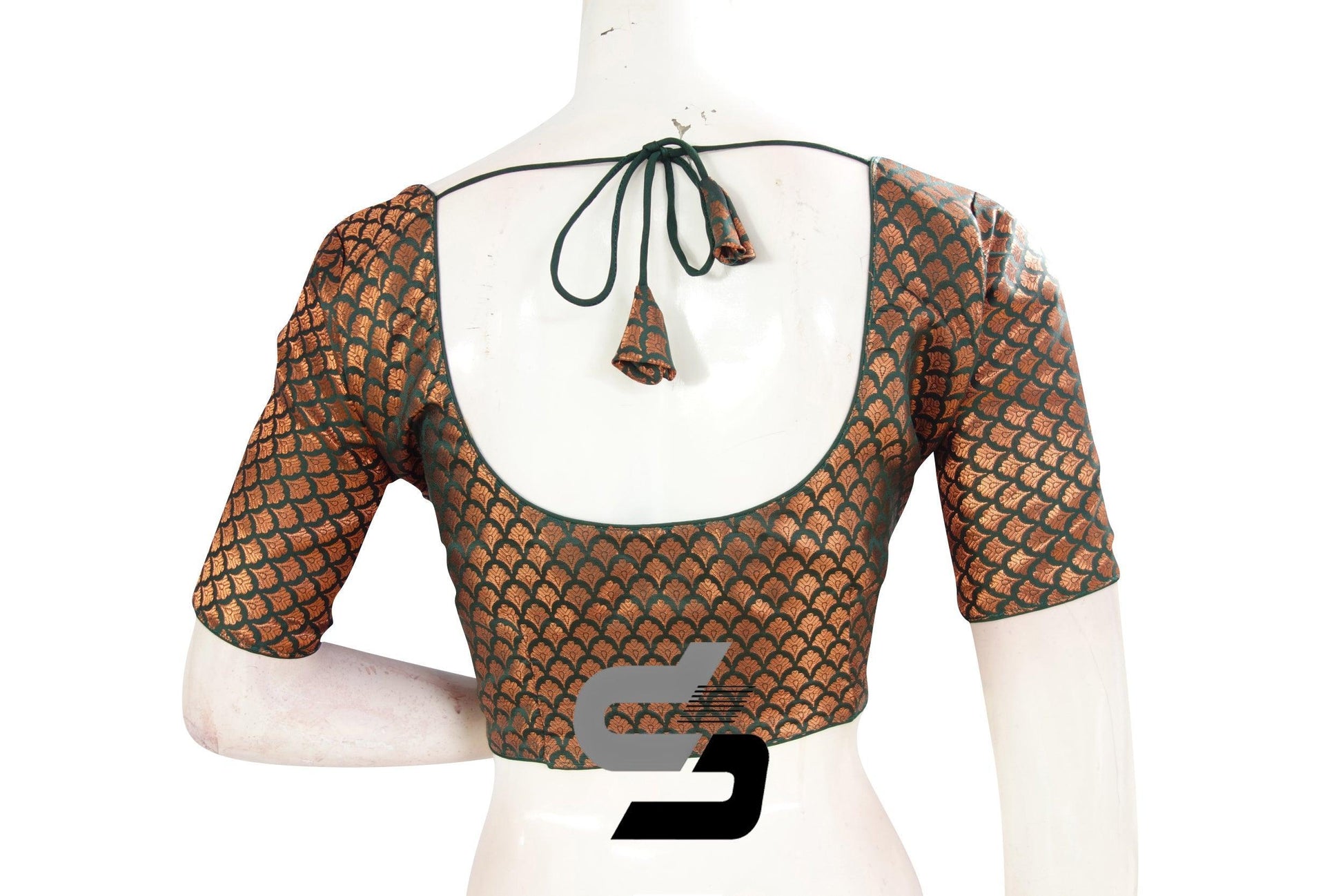 Dark Green Color Premium Brocade Silk Readymade Saree Blouse - D3blouses