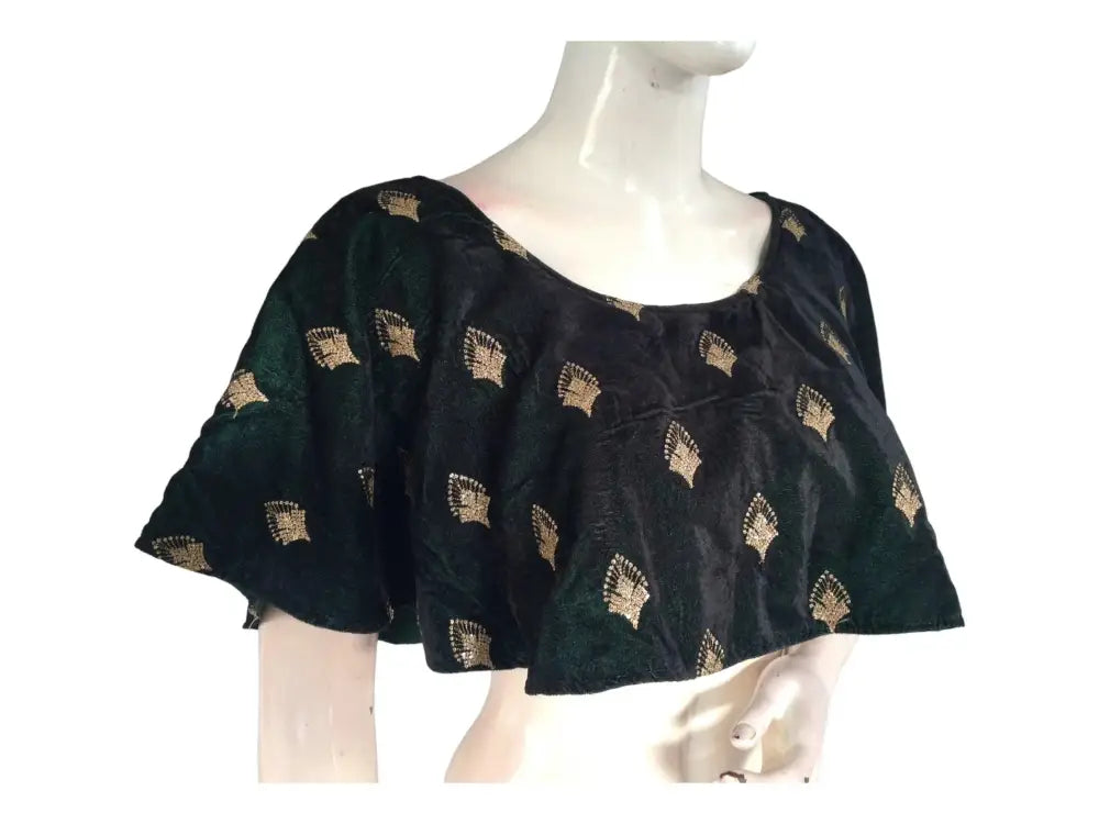 Dark Green Velvet Ponchos Readymade Saree Blouse, Indian Designer Choli Top - D3blouses