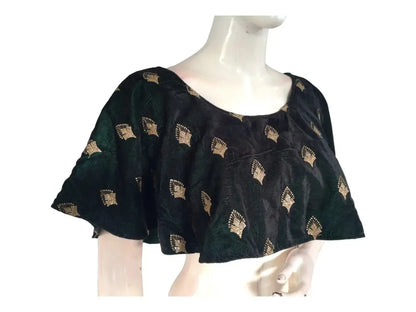 Dark Green Velvet Ponchos Readymade Saree Blouse, Indian Designer Choli Top - D3blouses