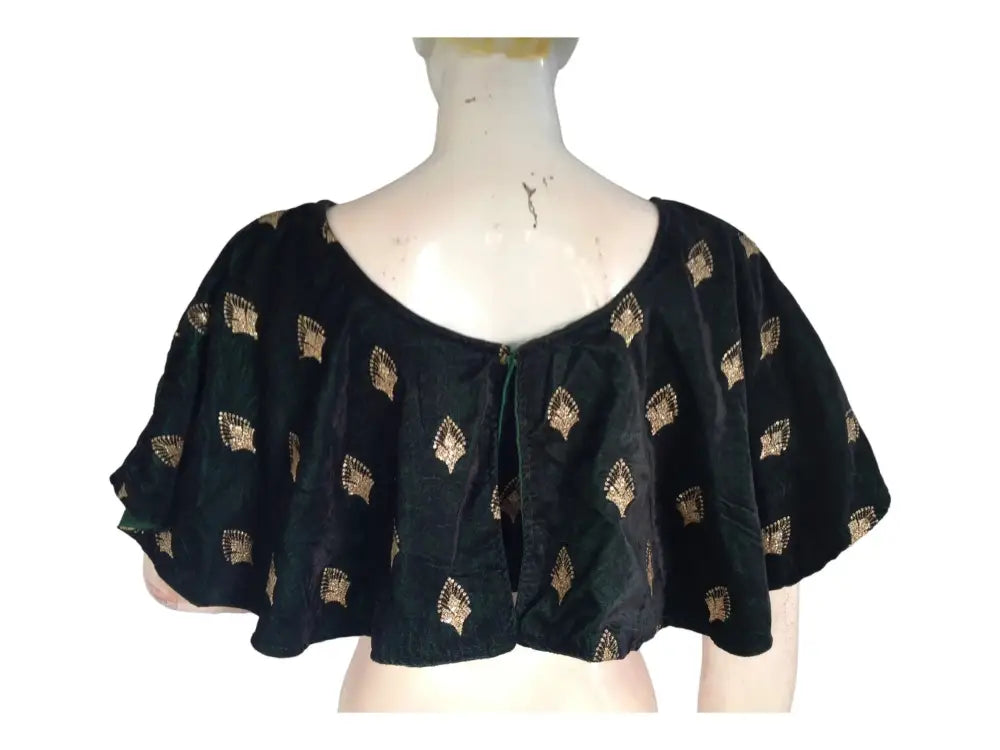 Dark Green Velvet Ponchos Readymade Saree Blouse, Indian Designer Choli Top - D3blouses