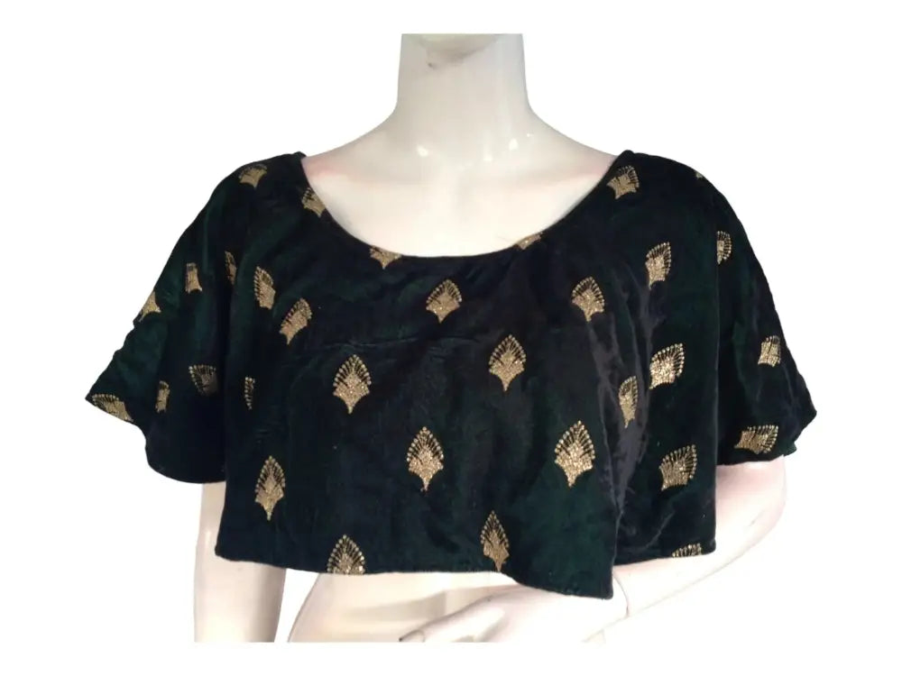 Dark Green Velvet Ponchos Readymade Saree Blouse, Indian Designer Choli Top - D3blouses