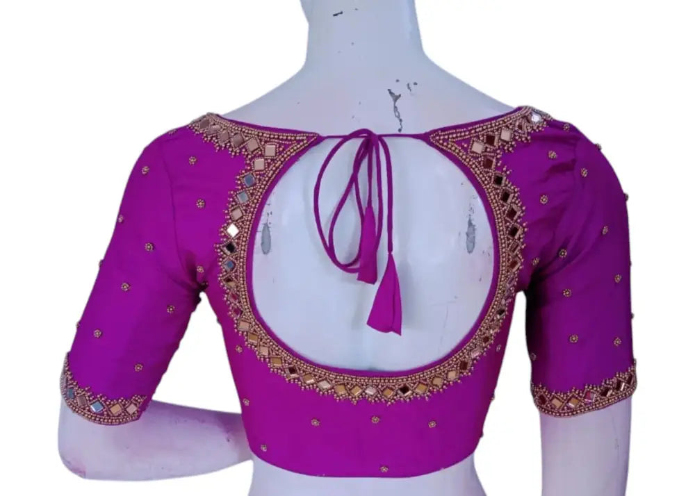 Dark Magenta Mirror Magic: Aari Embroidered Silk Wedding Blouse - D3blouses
