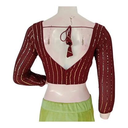 Dark Maroon Color Sequin Blouse with 3/4 Sleeves - A Touch of Drama - D3blouses