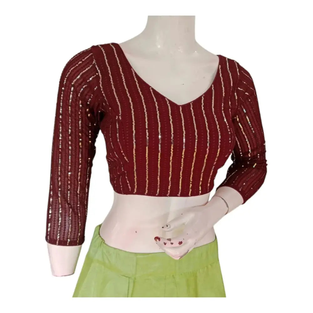 Dark Maroon Color Sequin Blouse with 3/4 Sleeves - A Touch of Drama - D3blouses