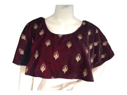 Dark Maroon Velvet Ponchos Readymade Saree Blouse, Indian Designer Choli Top - D3blouses