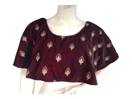Dark Maroon Velvet Ponchos Readymade Saree Blouse, Indian Designer Choli Top - D3blouses