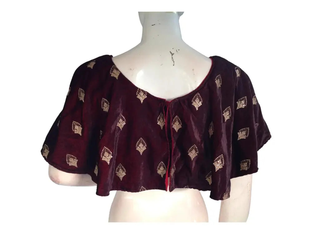 Dark Maroon Velvet Ponchos Readymade Saree Blouse, Indian Designer Choli Top - D3blouses