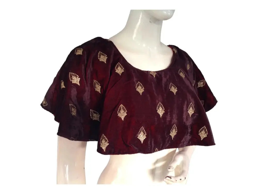 Dark Maroon Velvet Ponchos Readymade Saree Blouse, Indian Designer Choli Top - D3blouses