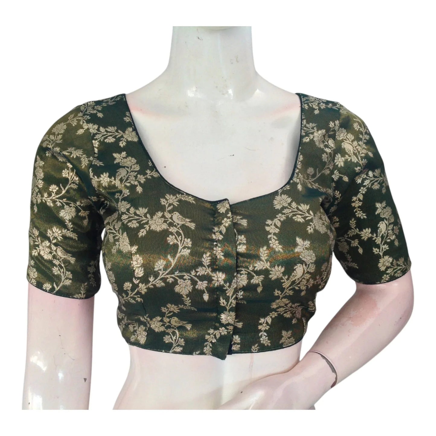 Dark Olive Green Banarasi Tissue Brocade Silk Blouse | Easy Elegance - D3blouses
