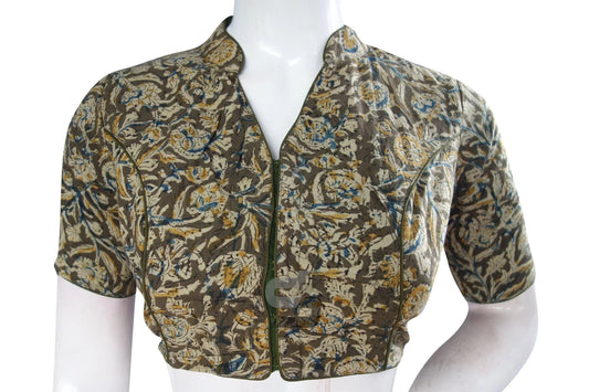 Dark Olive Green Kalamkari Collar Designer Blouse, Ready-to-Wear Elegance - D3blouses
