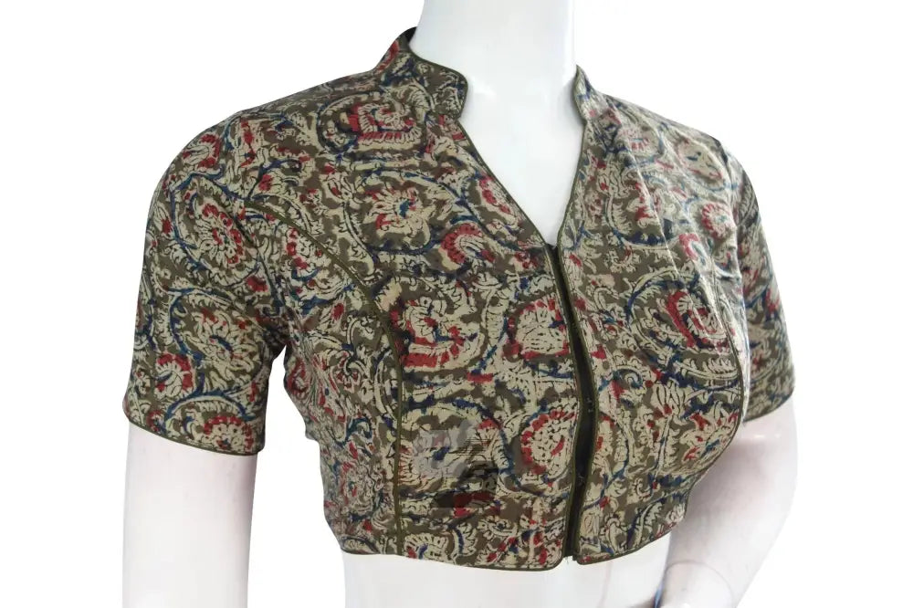 Dark Olive Green Kalamkari Collar Designer Blouse, Ready-to-Wear - D3blouses